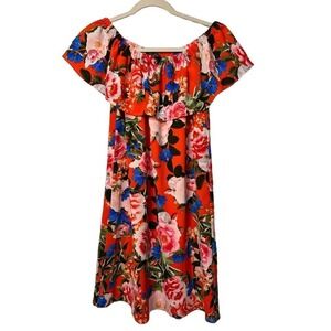 Rose-&-Olive Floral Mini Flowy Dress Womens XS Elastic Off Shoulder Flower Print
